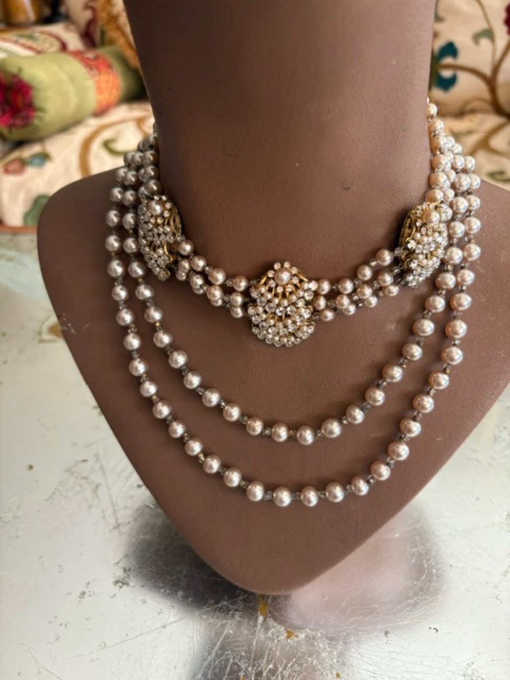 Miriam Haskell Pearl Multi-Strand Choker with Gold Floral Medallions (vintage)